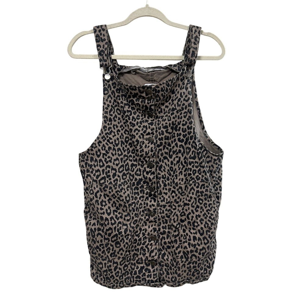 Love Fire Women's Large Overall‎ Animal Print Brown Utility Dress Denim Stretch